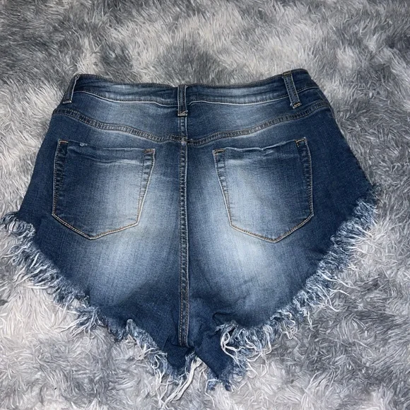 Fashion Nova Women's Distressed Blue Denim Shorts - Picture 2 of 2